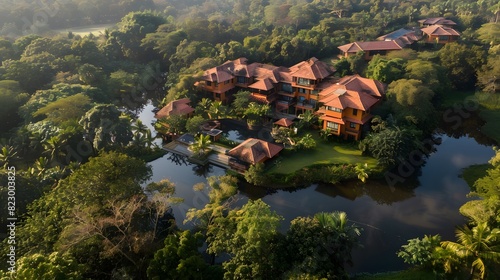 A luxurious Indian retreat nestled in the heart of a lush forest, its sprawling grounds dotted with tranquil ponds and meandering pathways