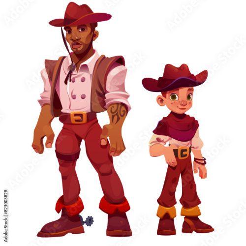 Western cowboy costume character cartoon vector. Isolated traditional saloon set with man and boy for adventure game design. Cute vintage wild west dress for adult and child person illustration