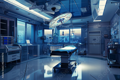 Operation room interior depicting emergency health care scenario photo