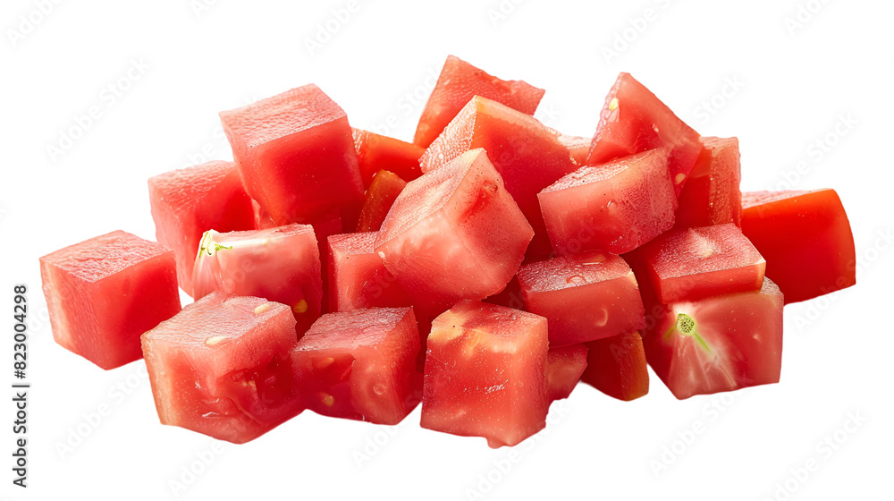Tomato cubes, pieces organic pure texture, isolated on a transparent background Tomato cubes, pieces organic pure texture, isolated on a transparent background