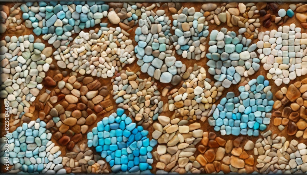 A digital abstract mosaic portraying clusters of blue and brown pebbles with a smooth, glossy finish.. AI Generation A digital abstract mosaic portraying clusters of blue and brown pebbles with a smooth, glossy finish.. AI Generation