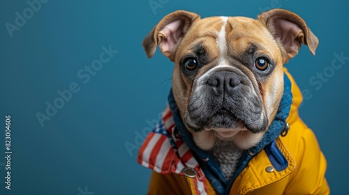 Bulldog wearing American flag, chrome suit, vibrant blue and white gradient background highlighting silver and chrome tones, close-up, ultra detailed, surreal，Dynamic American Bulldog Wearing the US F