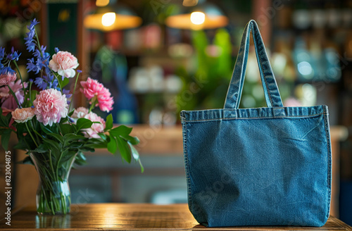 a blue tote bag on table in a flower shop