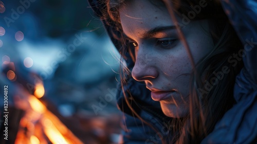 A fictional character, a woman, is having fun lighting an electric blue fire in the dark woods at night, creating warmth and light amidst the darkness AIG50