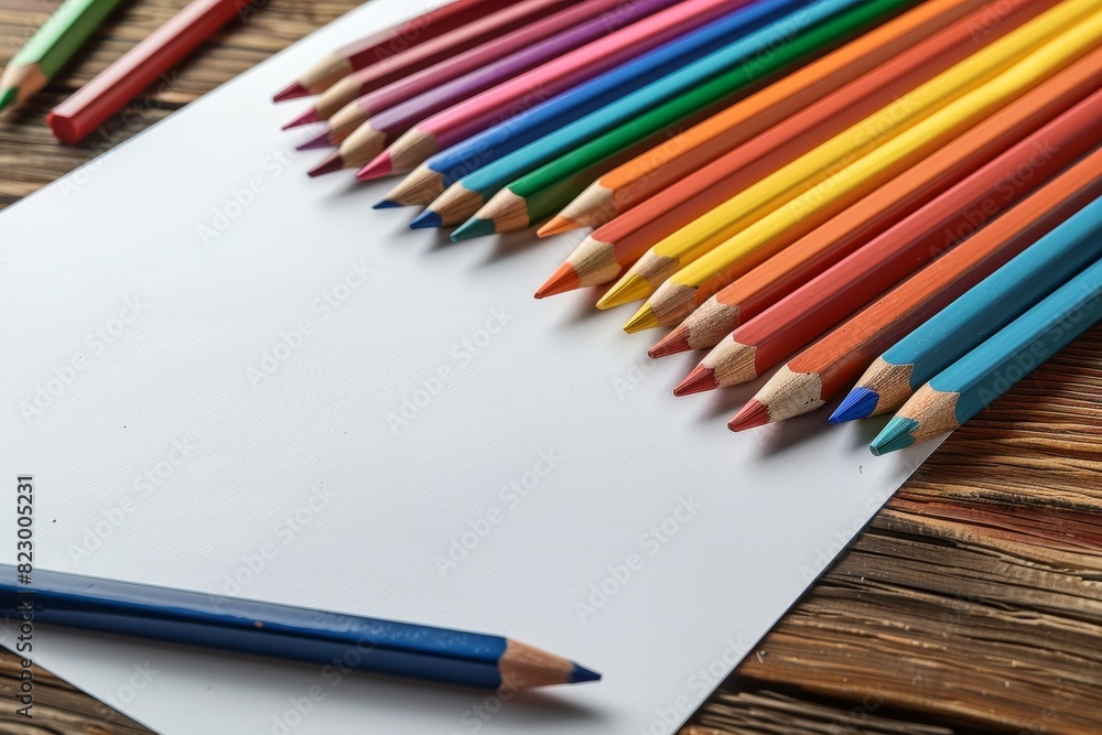 Obraz premium Colorful pencils on white paper, art concept, creative drawing workspace with copy space