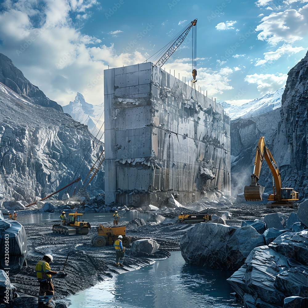 A powerful image of advanced dam construction in progress, showcasing ...