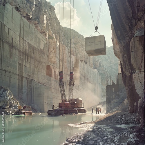 A powerful image of advanced dam construction in progress, showcasing heavy machinery lifting massive concrete blocks into place, illustrating modern engineering techniques and the scale of such proje photo