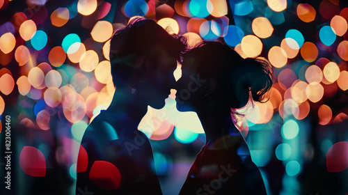 Against the neon blurred background a couple is looking at each other affectionately going to kiss young man love young woman kiss cucoloris faceless photo
