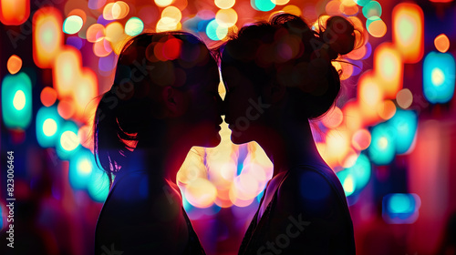 Against the neon blurred background girl couple is looking at each other affectionately going to kiss young woman love young woman lgbt girl kiss girl cucoloris faceless photo