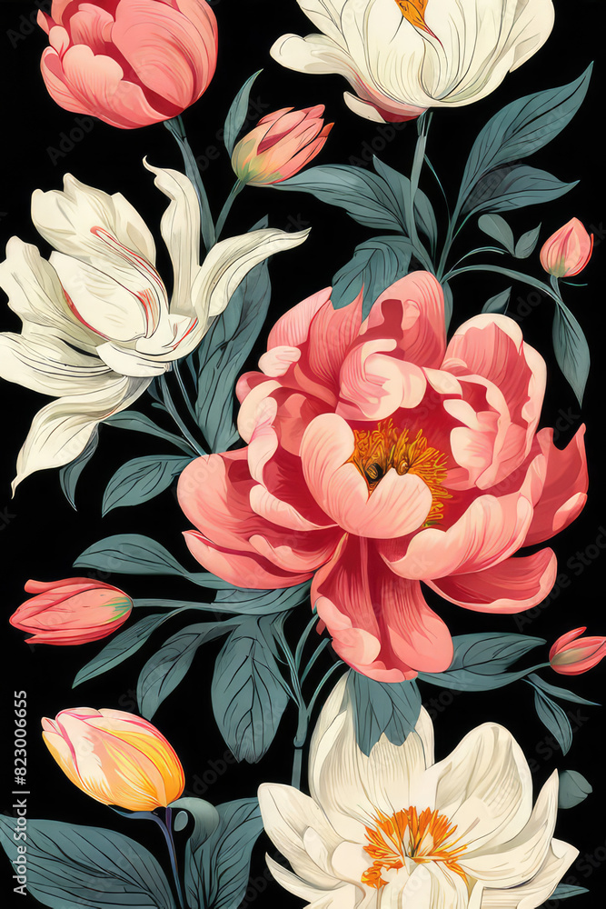 Vintage flowers. Peonies, tulips, lily, hydrangea on black. Floral background. Baroque style floristic illustration.
