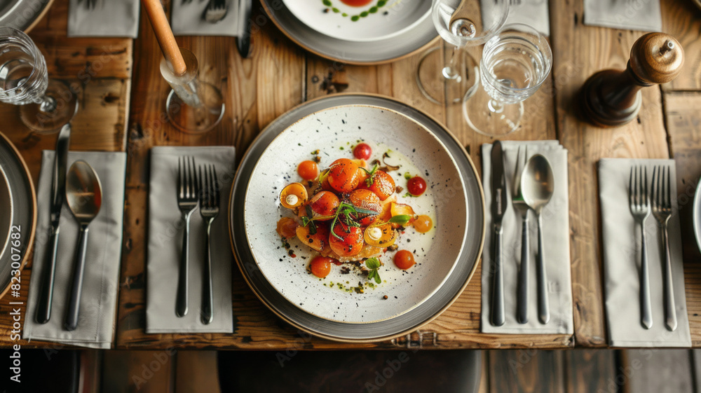 elegant chef's dish on a spacious wooden table,generative ai elegant chef's dish on a spacious wooden table,generative ai