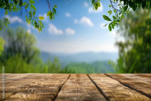 wooden table with blurred plantation landscape with blue sky and blurred green leaves frame Natural background product display concept - generative ai