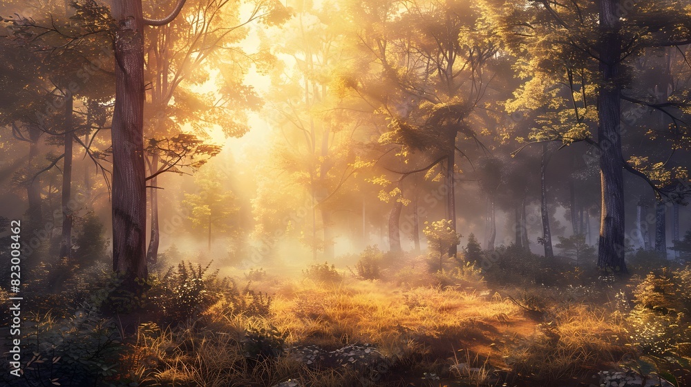 a secluded forest clearing, bathed in the golden glow of dawn. Mist rises from the forest floor, adding an ethereal quality to the scene