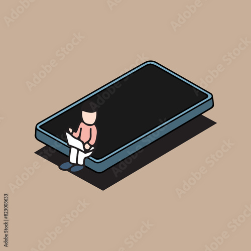 デジタル学習のイメージイラスト　スマホやPCを使ってオンライン学習する人