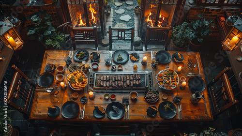 a slightly angled top-down shot from a slight side view of a moody lit dinner table for 6 people with a grillplate in the middle,generative ai