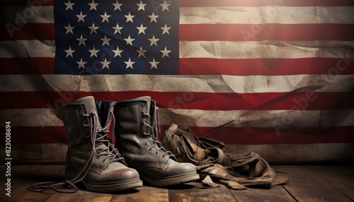 Old glory with military boots and USA flag in the background for memorial day photo