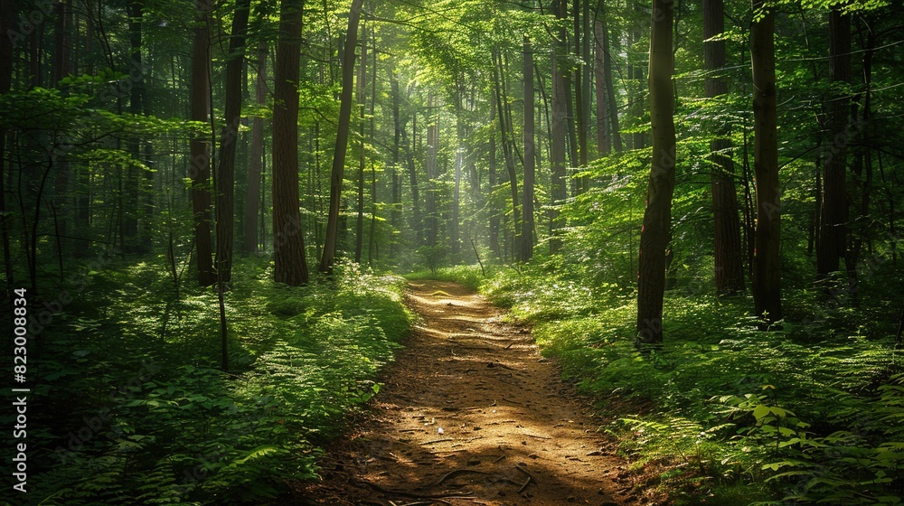 Obraz premium Pathway through a serene forest with dappled sunlight
