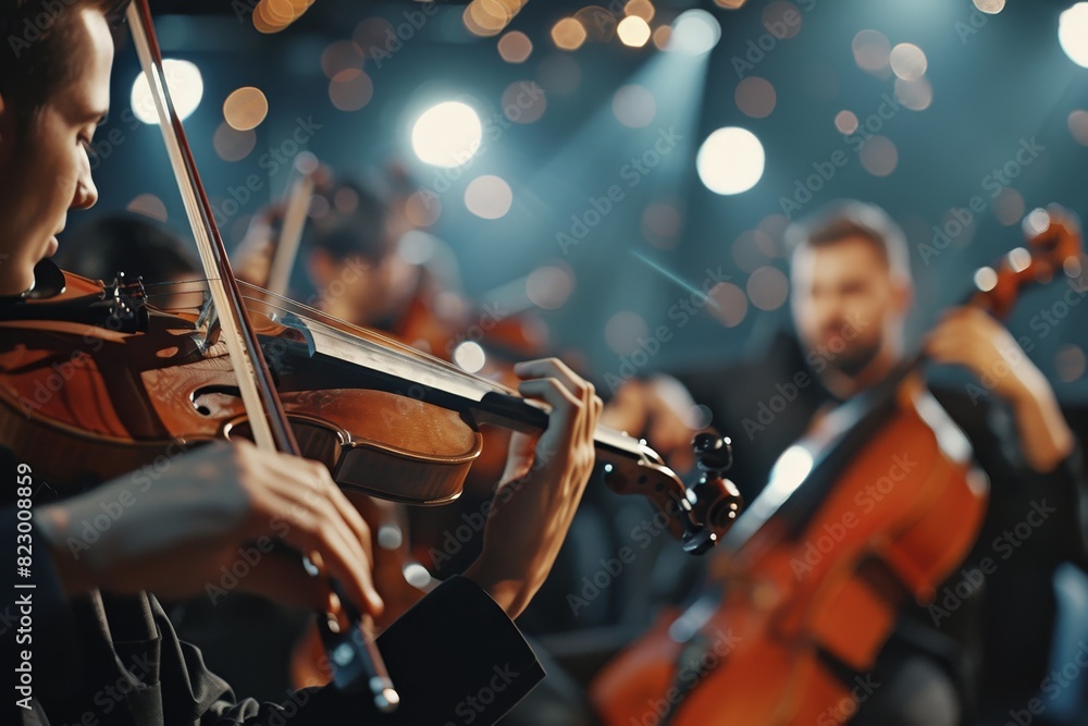 Fototapeta premium Elegant symphonic orchestra performing classical music concert on stage with precision and elegance