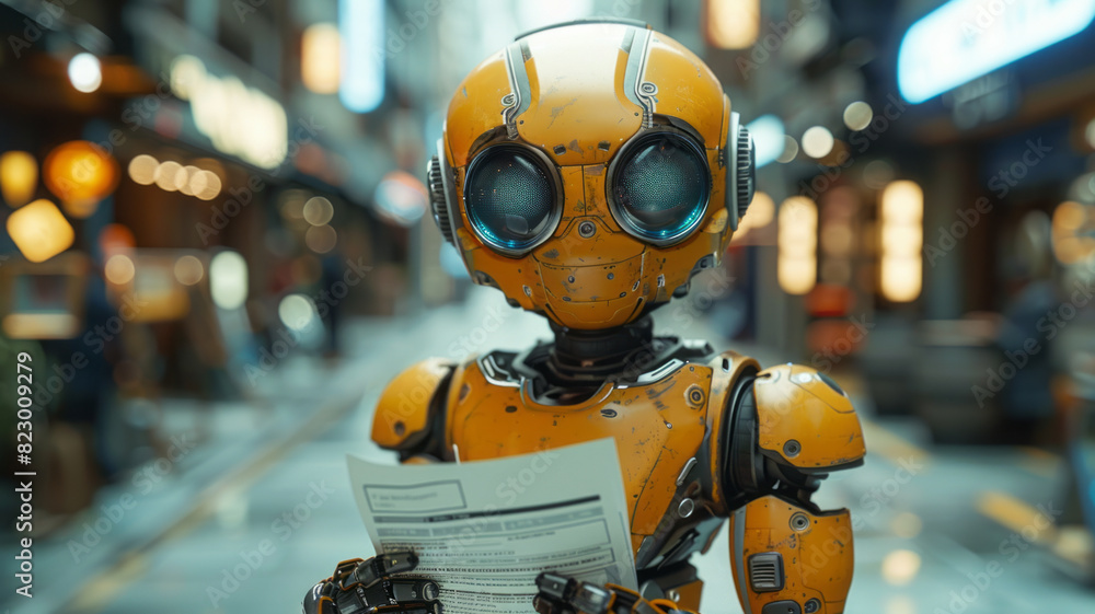 orange robot getting papers handouted by a human in a lighty office,generative ai orange robot getting papers handouted by a human in a lighty office,generative ai