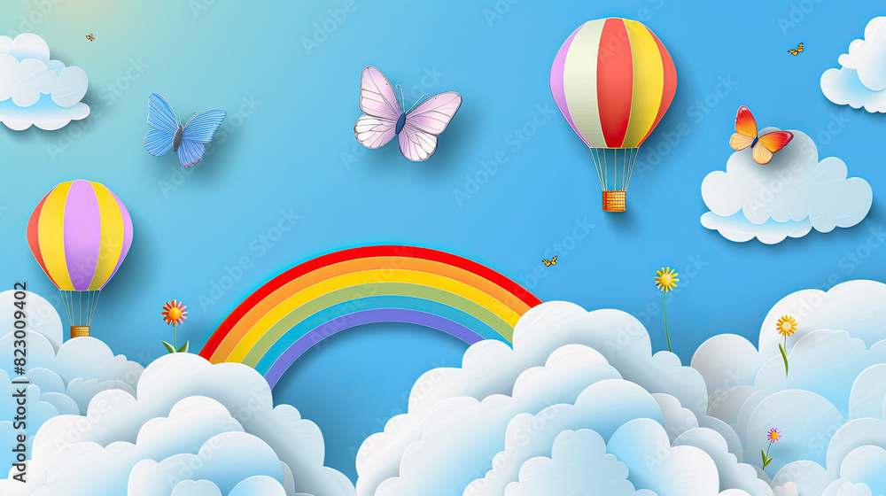 Beautiful fluffy clouds on blue sky background with summer sun, butterfly, hot air balloons and rainbow. Vector illustration. Paper cut style Beautiful fluffy clouds on blue sky background with summer sun, butterfly, hot air balloons and rainbow. Vector illustration. Paper cut style