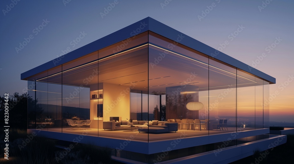 A cube-shaped house with a transparent glass roof and walls, illuminated from within, showcasing a minimalist interior and set against a twilight sky. 32k, full ultra hd, high resolution