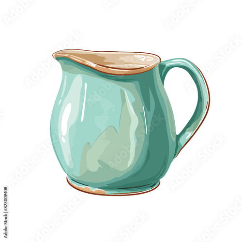 a blue pitcher with a wooden handle on a white background