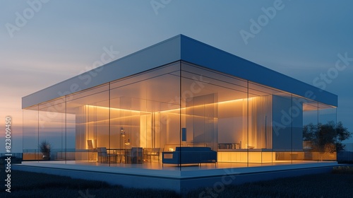 A cube-shaped house with a transparent glass roof and walls, illuminated from within, showcasing a minimalist interior and set against a twilight sky. 32k, full ultra hd, high resolution photo