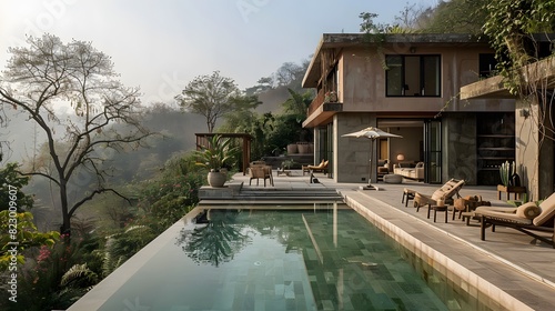 A serene Indian retreat tucked away in a remote valley, its earthy tones and natural materials blending harmoniously with the surrounding landscape