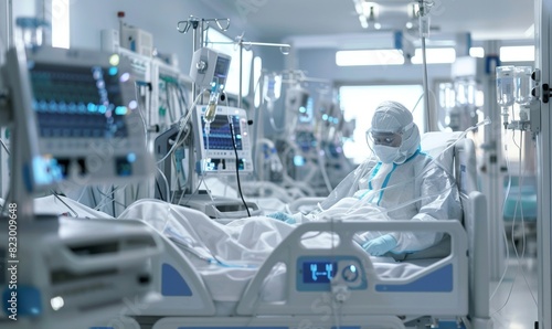 Patient in Hospital Isolation Ward Connected to Medical Equipment 