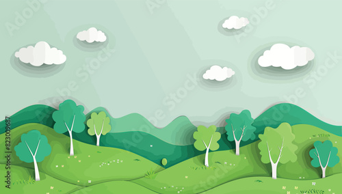 a paper cut landscape with trees and clouds