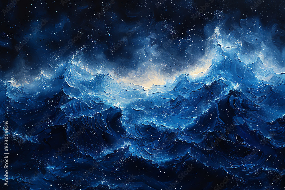 The dark, starry night sky is reflected in the crashing waves of the ocean below The dark, starry night sky is reflected in the crashing waves of the ocean below
