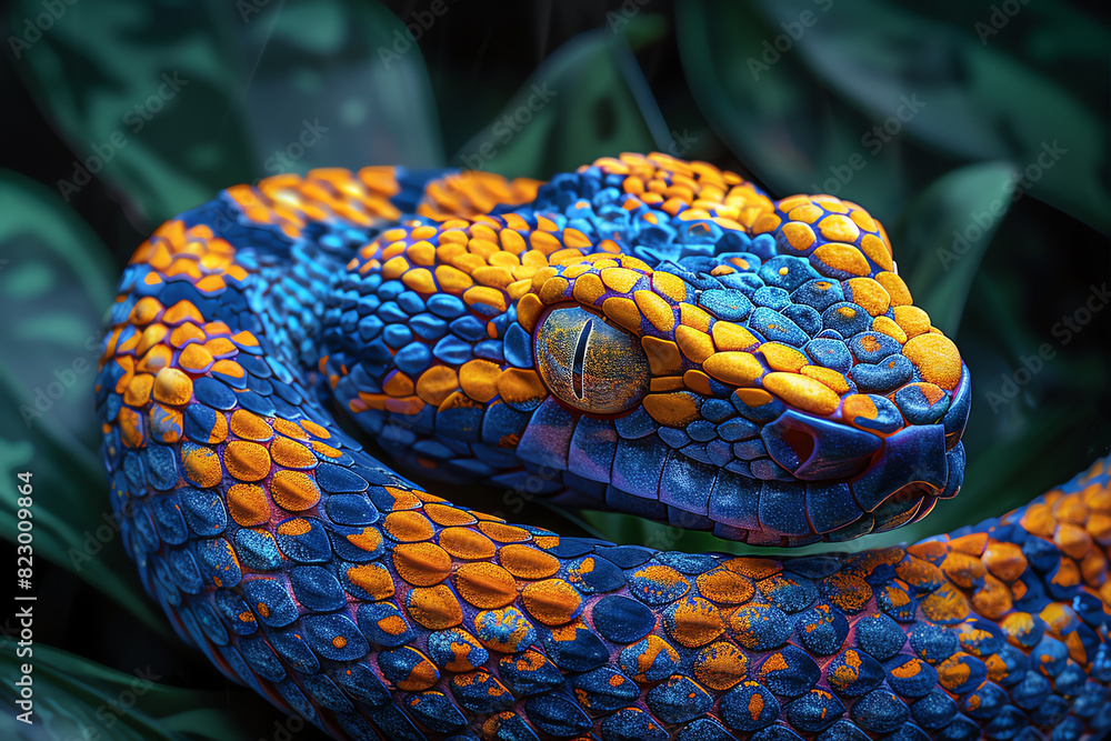 Fototapeta premium A stunning closeup of a blue and orange viper snake, coiled and ready to strike