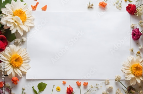 Blank paper sheet surrounded by summer flowers