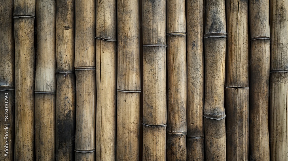 A detailed view of a bamboo exterior wall, showing the natural texture and pattern of the bamboo sticks bound together traditionally. 32k, full ultra hd, high resolution