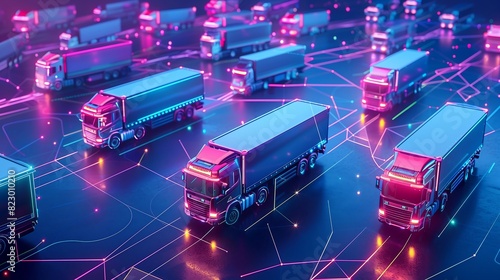 a futuristic logistics shop with trucks in neon colors connected by a network