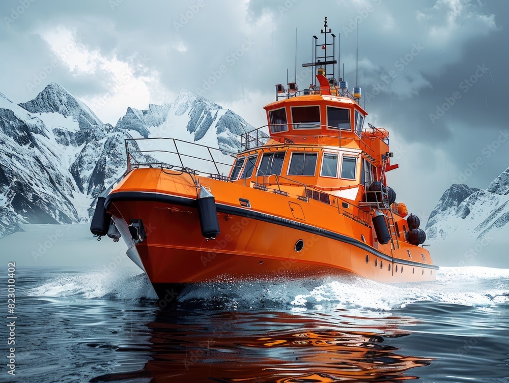 Fototapeta premium The red ship is sailing in the iceberg