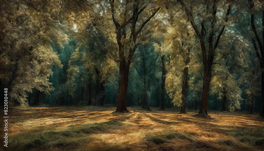 Naklejka premium A tranquil forest scene with golden sunlight filtering through autumn leaves, casting long shadows on the forest floor.. AI Generation