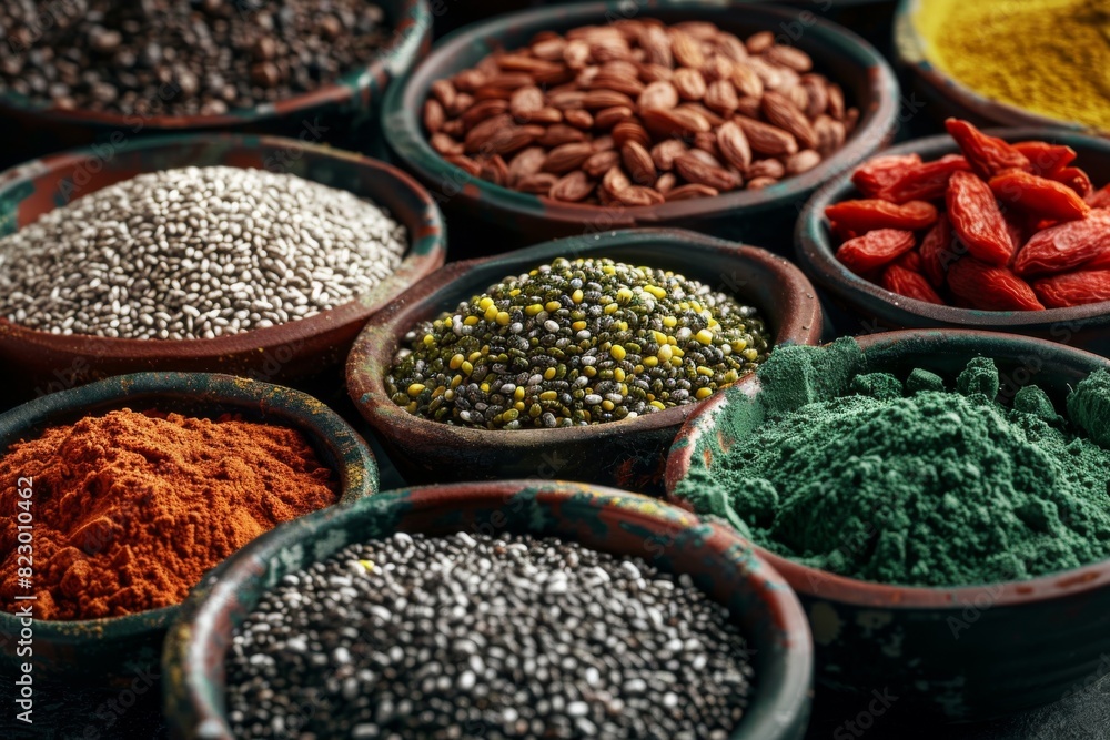 A variety of colorful spices and seeds are beautifully displayed in ceramic bowls on a dark background, showcasing vibrant culinary ingredients. A variety of colorful spices and seeds are beautifully displayed in ceramic bowls on a dark background, showcasing vibrant culinary ingredients.