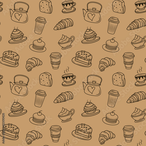 Doodle bakery coffee seamless pattern. Hand drawn cupcake, coffee cups, cookies for wrapping paper, package print, cafeteria and shop wallpapers.
