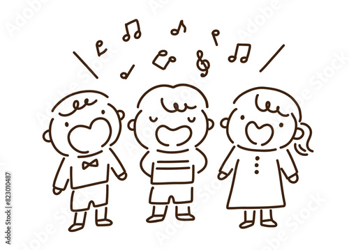 元気に合唱を楽しむポップな子供たちの白黒イラスト／A black and white illustration of pop children enjoying singing together