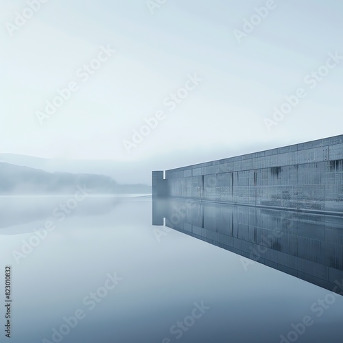A tranquil early morning scene of a newly completed dam, the calm waters reflecting the technological marvel it represents, creating a serene yet powerful image of engineering success, great for artis photo