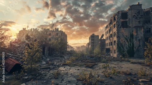 Urban decay and destruction in a post-apocalyptic cityscape with abandoned buildings and overgrown vegetation during sunset. photo