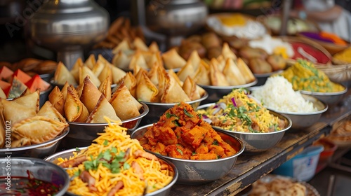 A tantalizing display of street food favorites  from crispy samosas to spicy chaat  artfully arranged on vibrant market stalls bustling with activity