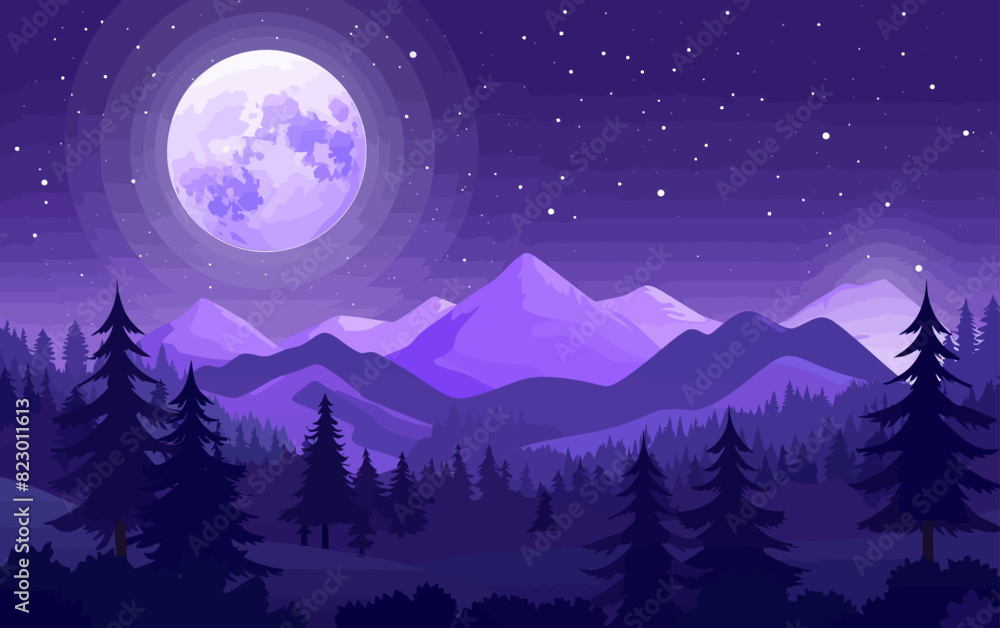 a night scene with mountains, trees and a full moon a night scene with mountains, trees and a full moon