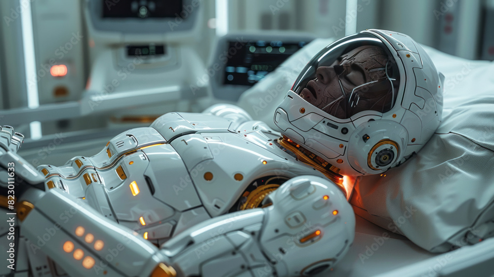 a human patient laying in a futuristic hospital bed, being helped up by a robot, lerning to walk again,generative ai a human patient laying in a futuristic hospital bed, being helped up by a robot, lerning to walk again,generative ai