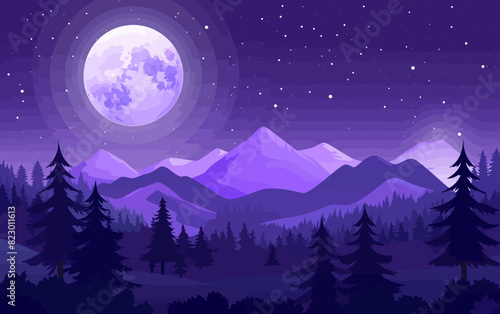 a night scene with mountains  trees and a full moon