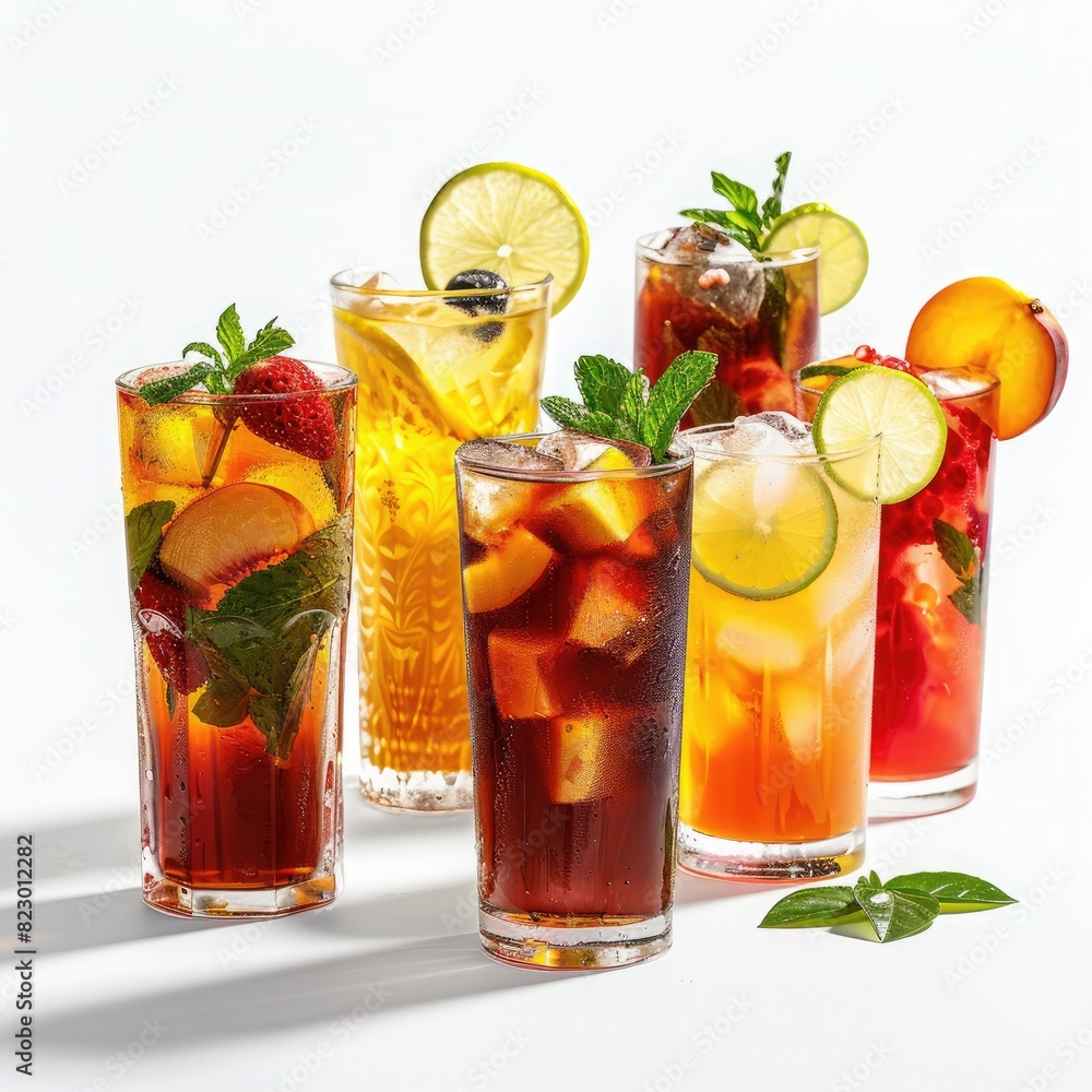 Refreshing iced tea with fruit slices and mint leaves. A variety of flavors to choose from. Perfect for a hot summer day. Refreshing iced tea with fruit slices and mint leaves. A variety of flavors to choose from. Perfect for a hot summer day.