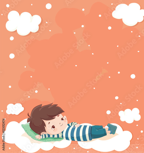 a boy laying on a cloud with a red background