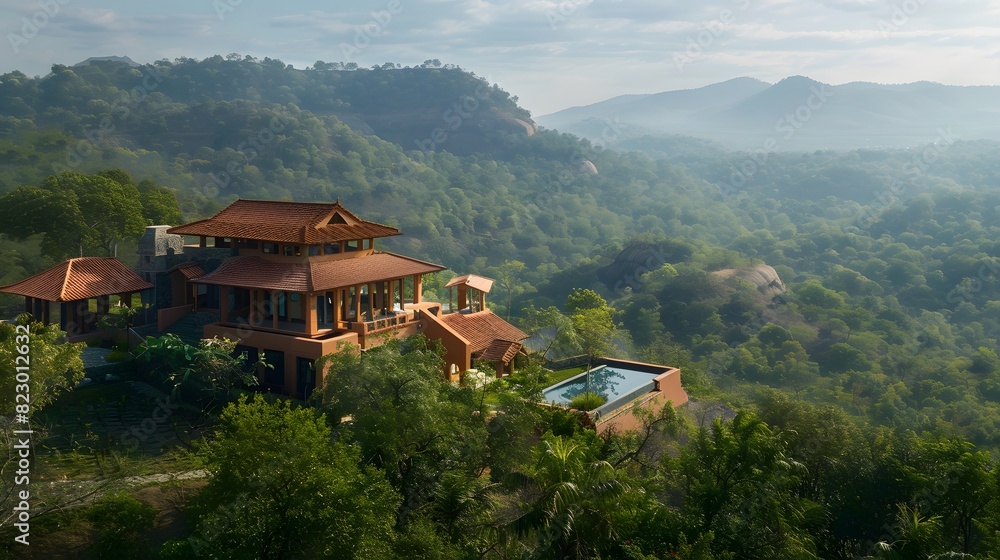 A tranquil Indian abode perched atop a hill, its terracotta roof tiles gleaming in the sunlight, while the surrounding landscape of rolling hills