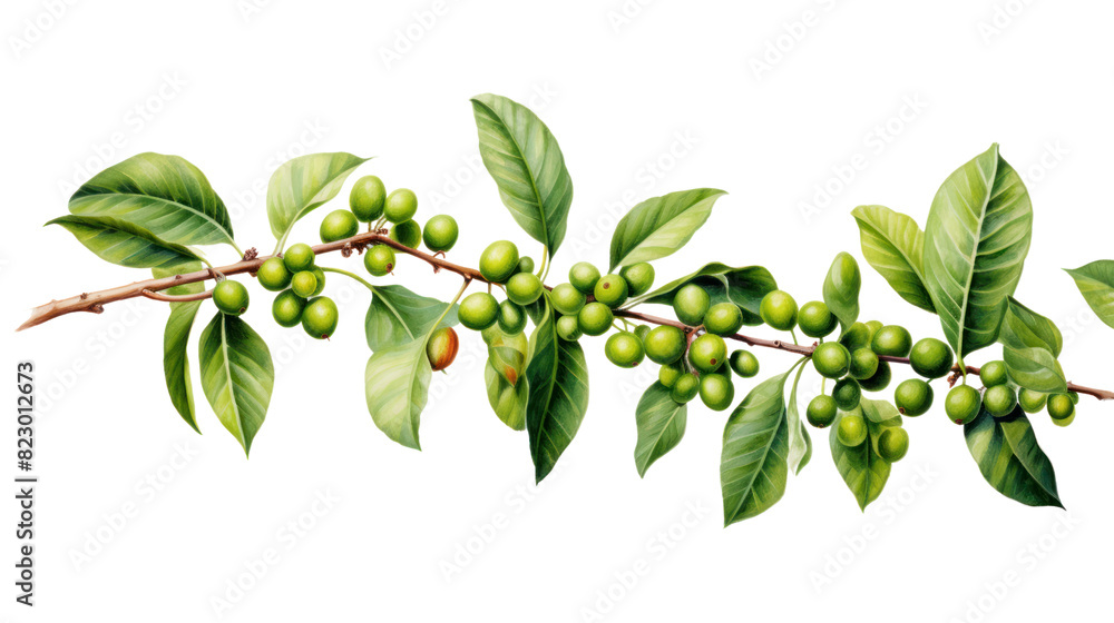 Coffee tree branch with green leaves and unripe coffee fruits or coffee cherries isolated on transparent and white background.PNG image. Coffee tree branch with green leaves and unripe coffee fruits or coffee cherries isolated on transparent and white background.PNG image.